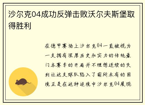 沙尔克04成功反弹击败沃尔夫斯堡取得胜利